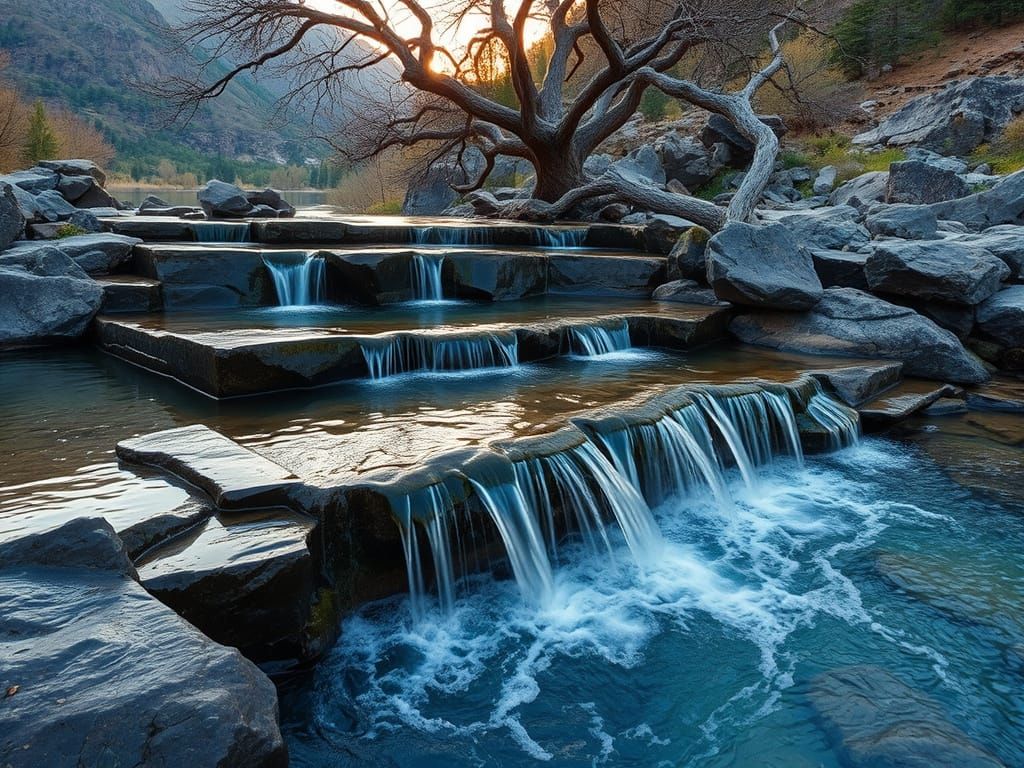 Serene Waterfall at Sunset Over Dark Rocks