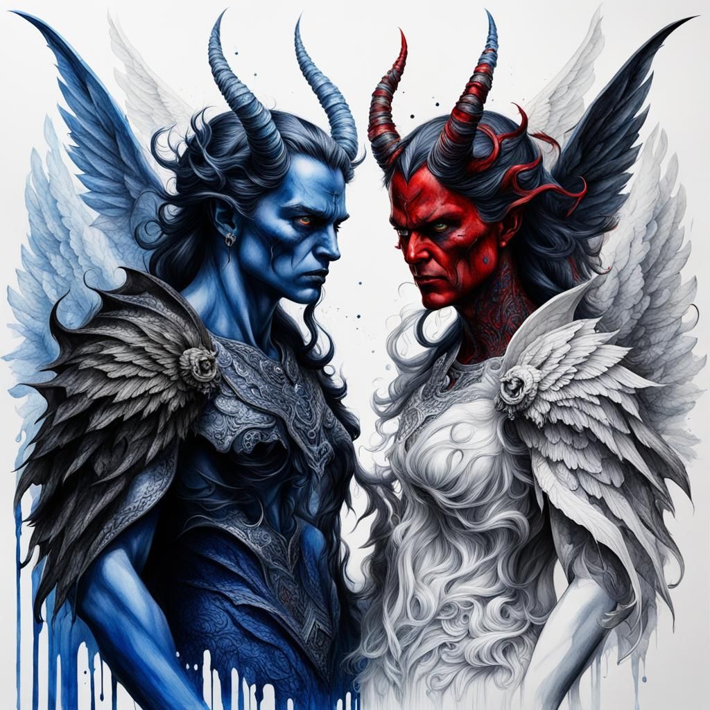Angel and Demon: Gothic Photorealistic Sketch