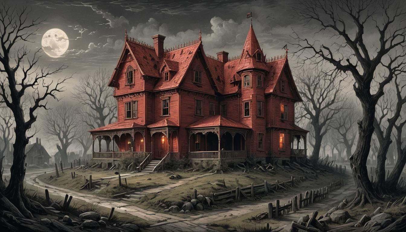 Cute Red Haunted House in Dark Fantasy Style
