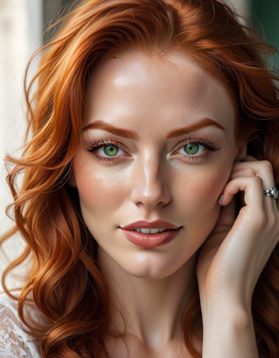 Sensual Redhead Woman with Intense Green Eyes and Charming S...