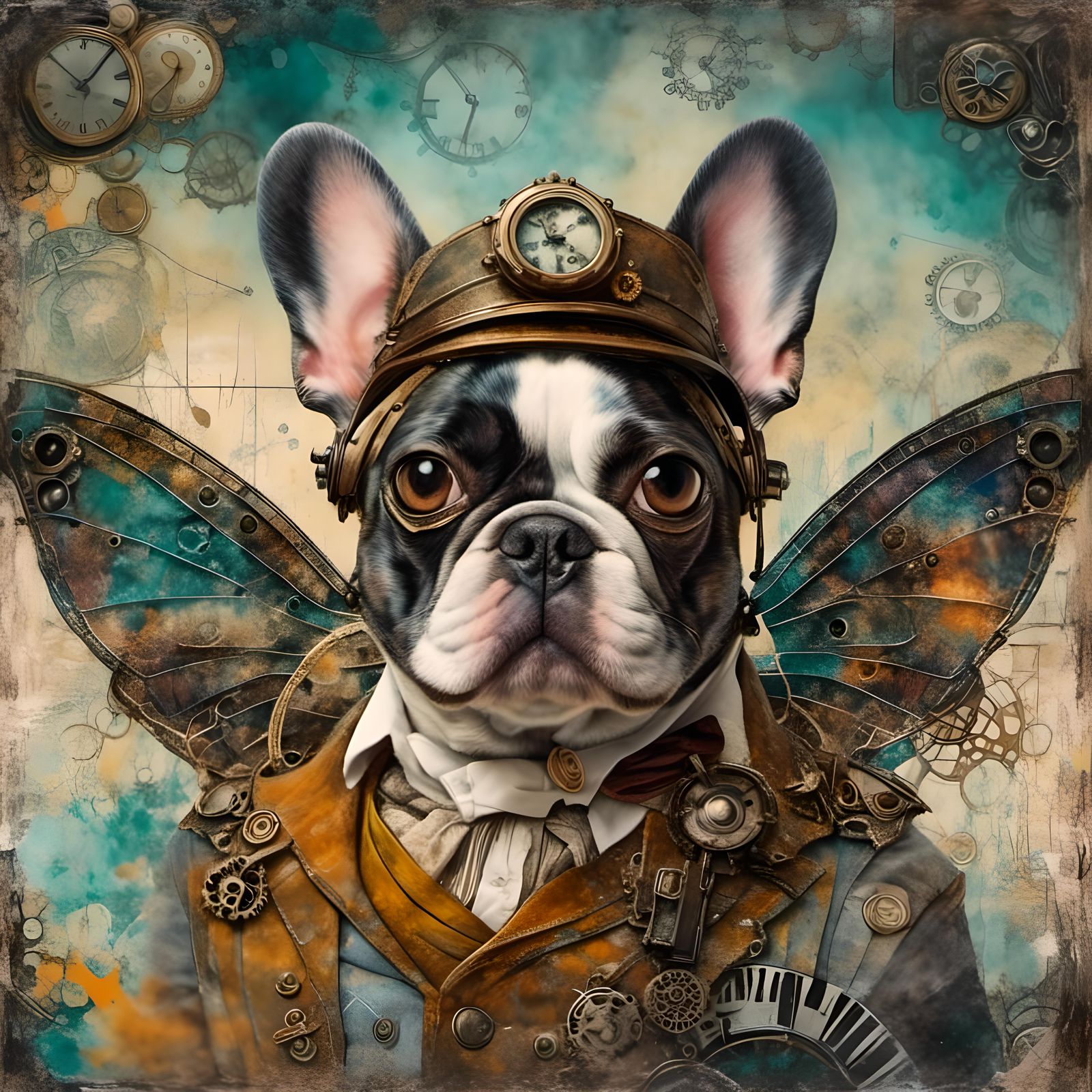 Steampunk French Bulldog Portrait in Mixed Media Collage