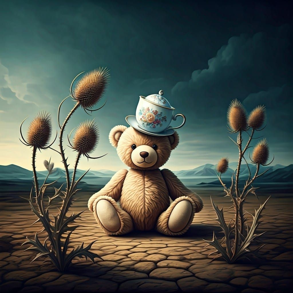 Teddy Bear in Teacup Hat in Surrealist Landscape