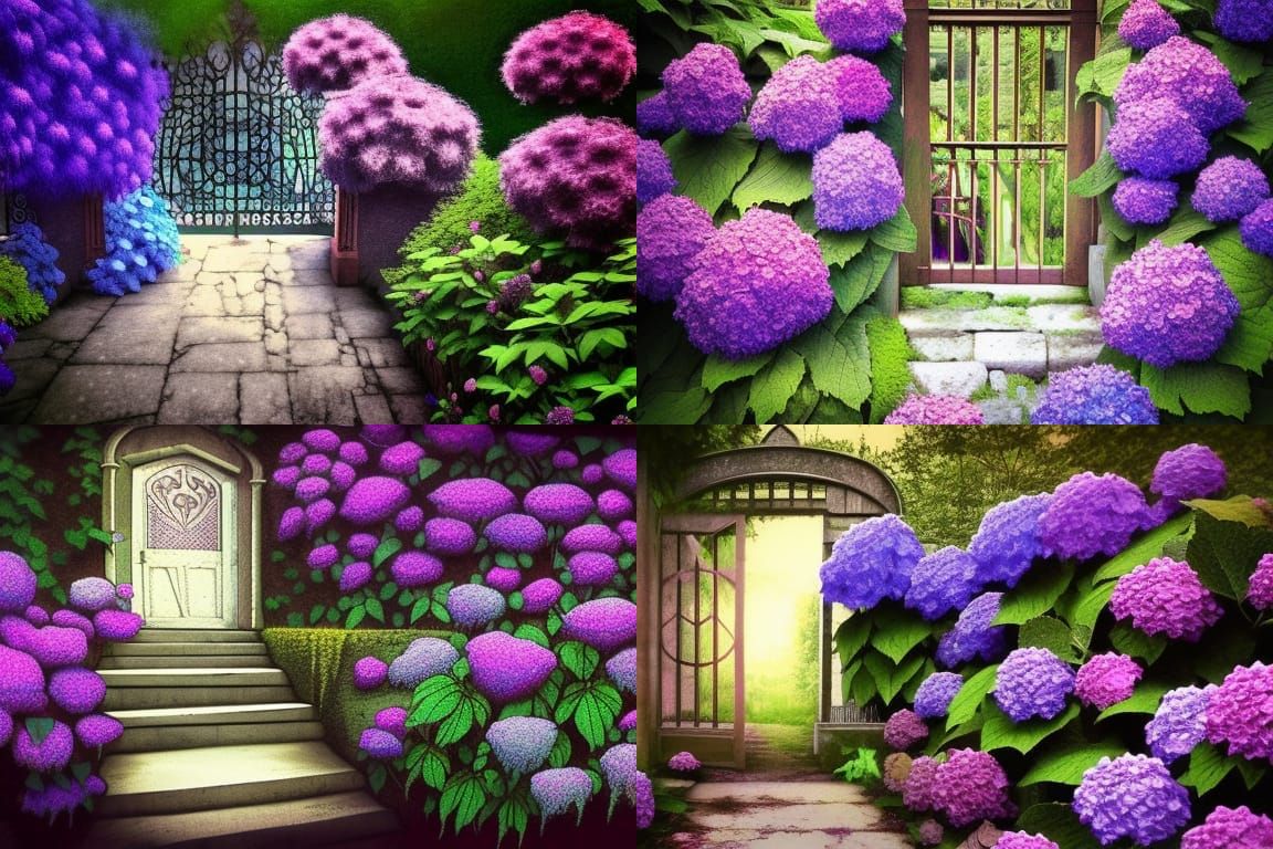 Gothic Garden Gate with Hydrangeas in Steampunk Style
