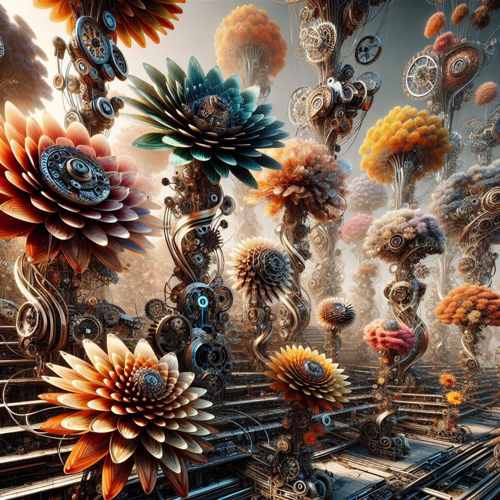 Steampunk Botanicals in Vibrant Futuristic Garden