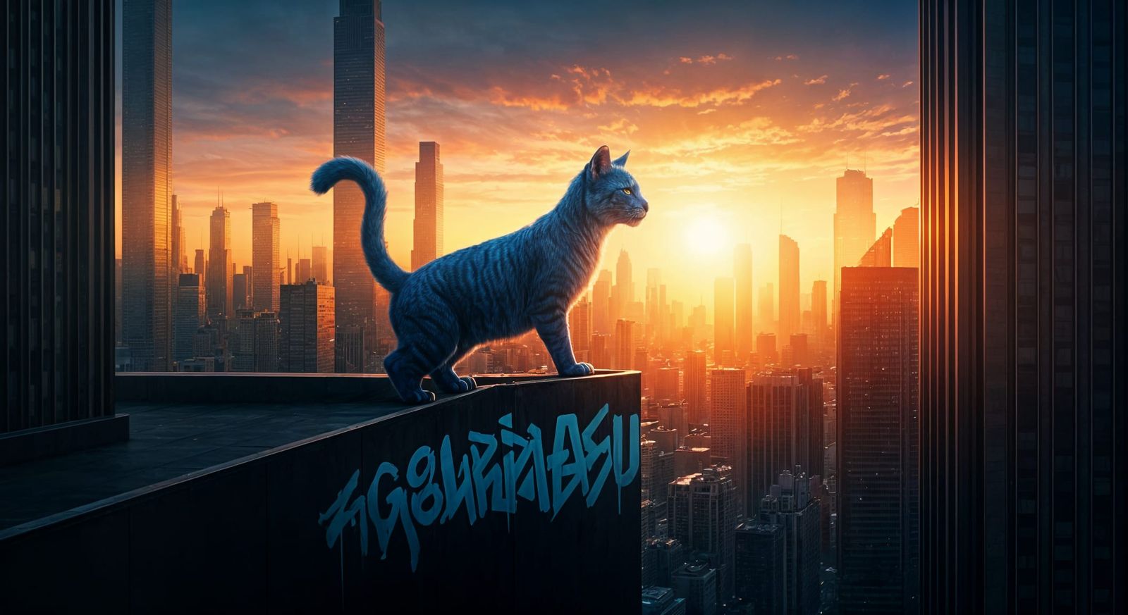 Blue Cat Ready to Jump on Rooftop at Sunrise