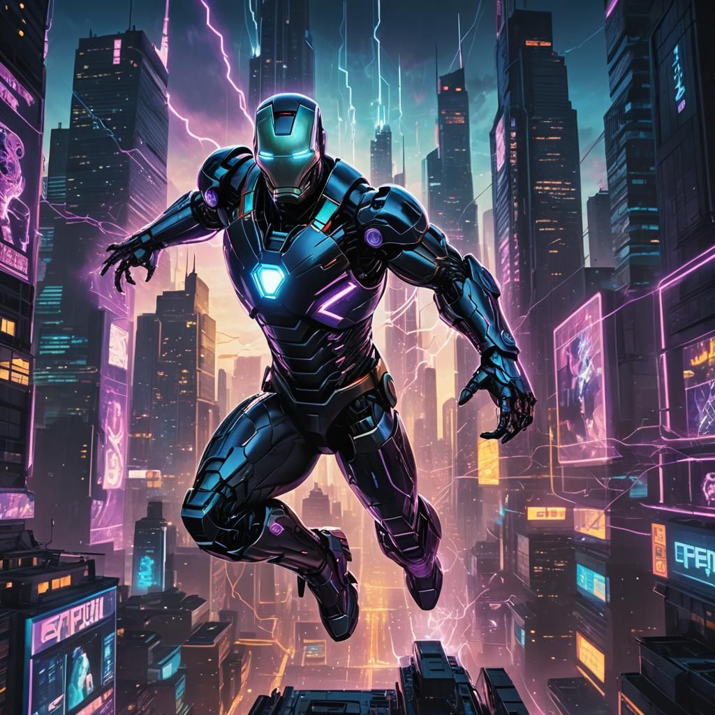 Cyberpunk Ironman Lasering Bots in Cyber City