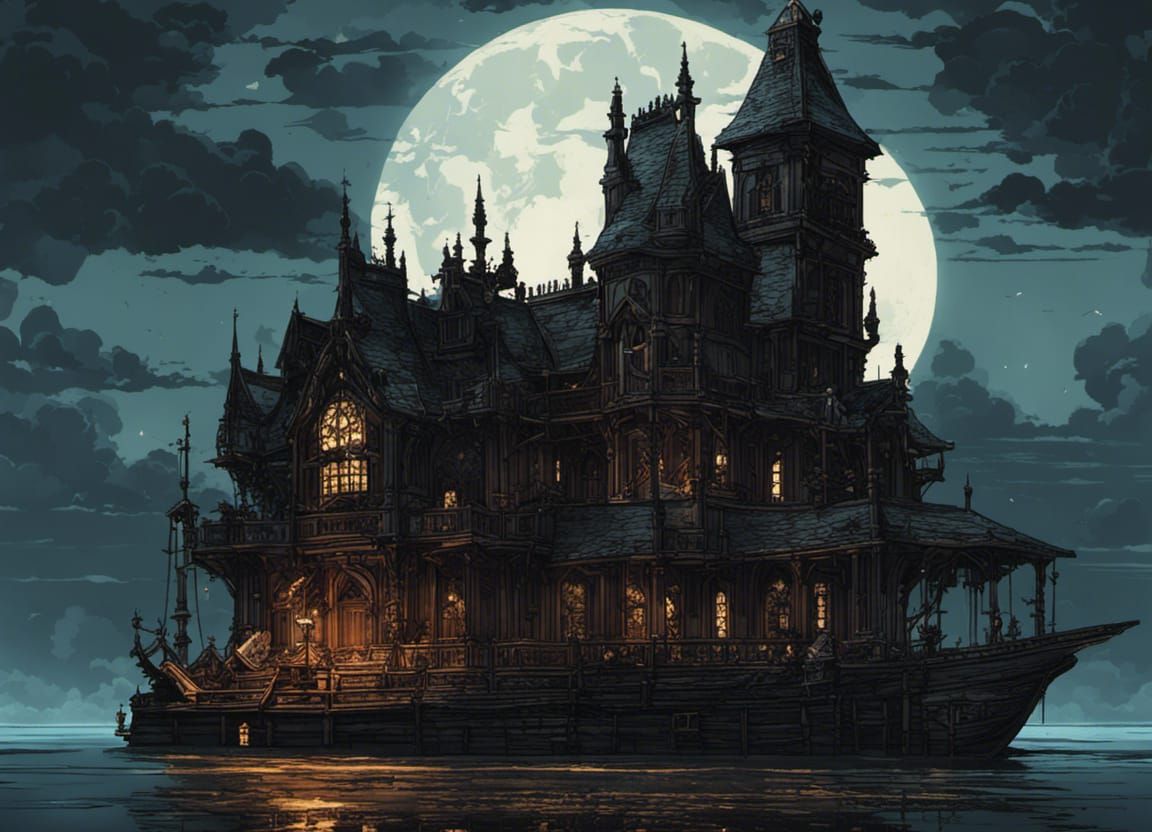 Gothic Manor Boat in Ocean Lightning Storm