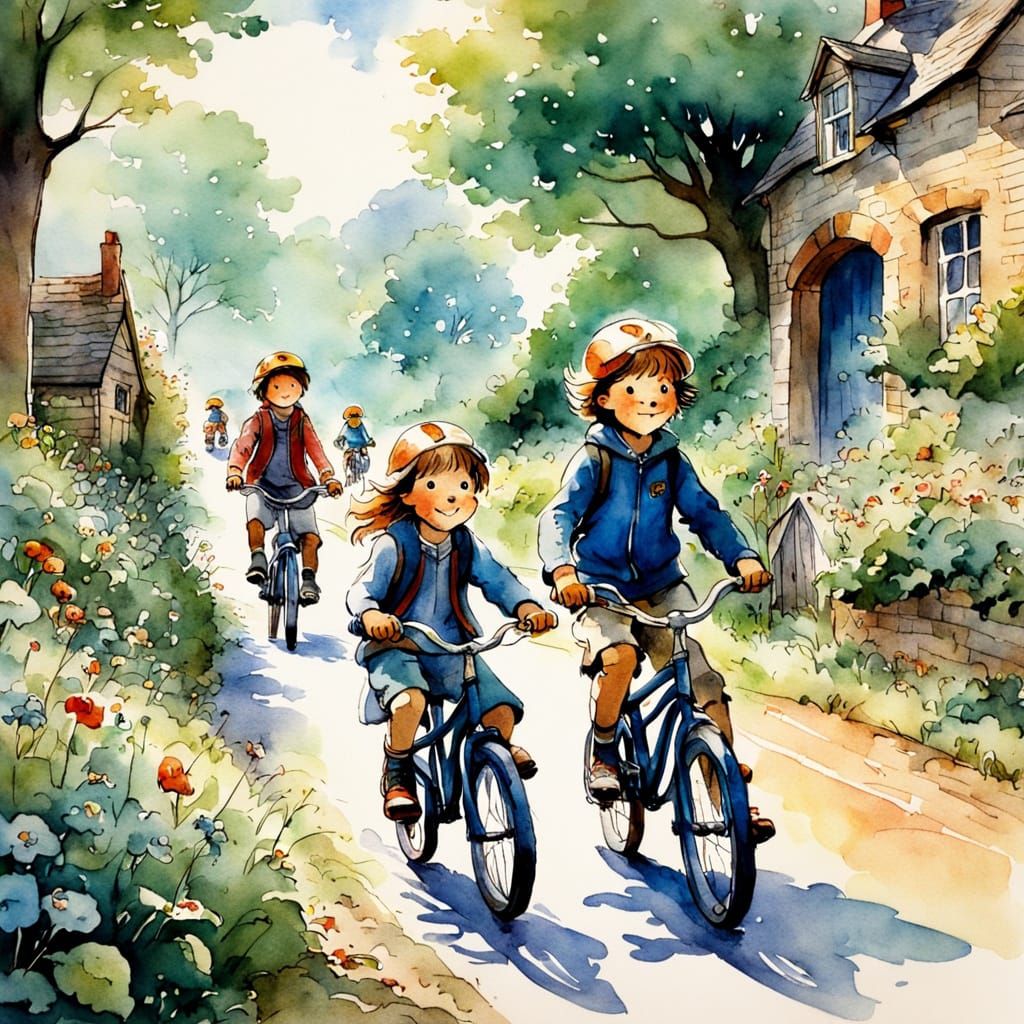 Children Riding Bikes in a Charming Watercolour Scene