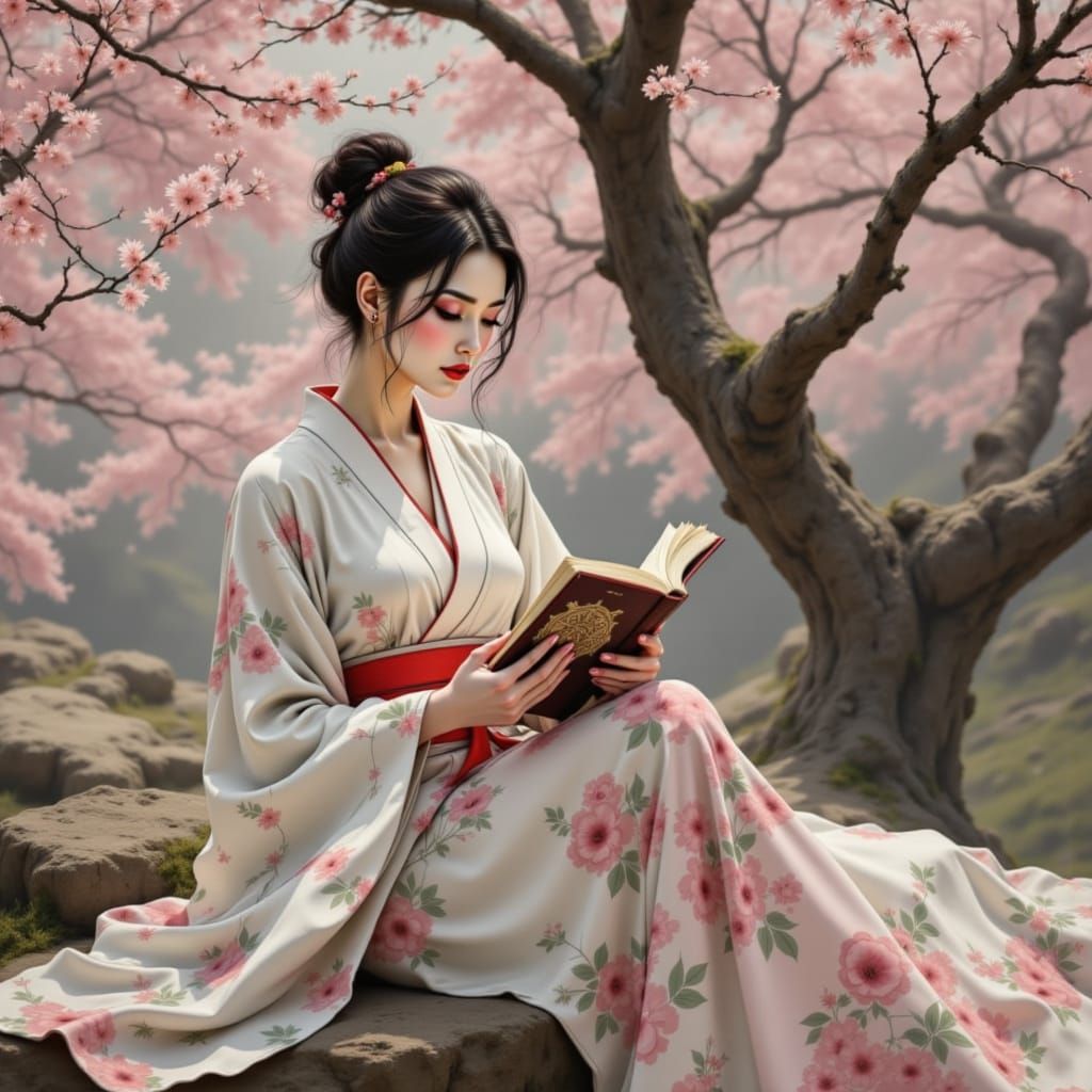 Surreal Portrait of a Japanese Warrior in a Cherry Blossom G...