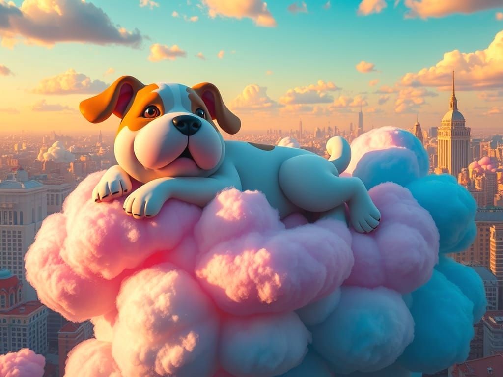 Oversized Dog on Cotton Candy Cloud Above Surreal City