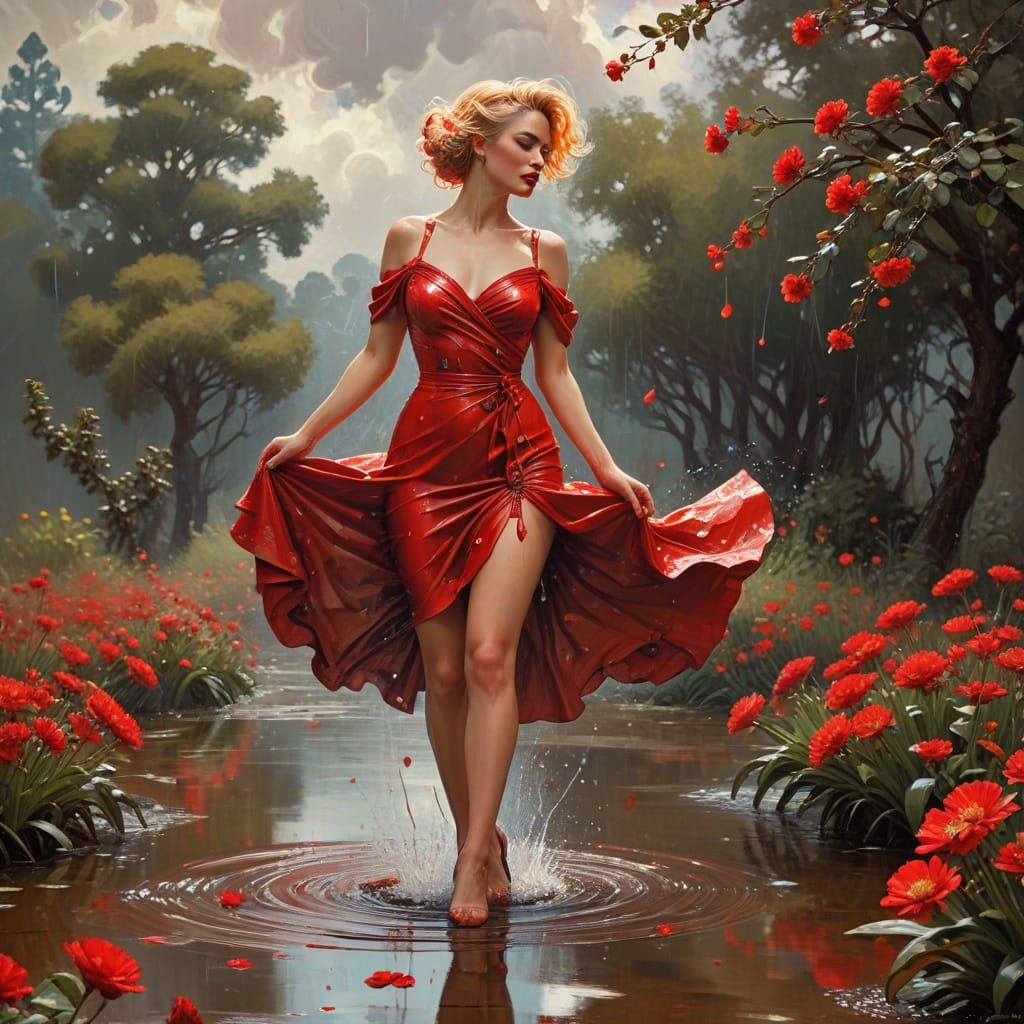 Pin-Up in Red Rain: Mucha-Waterhouse Fusion