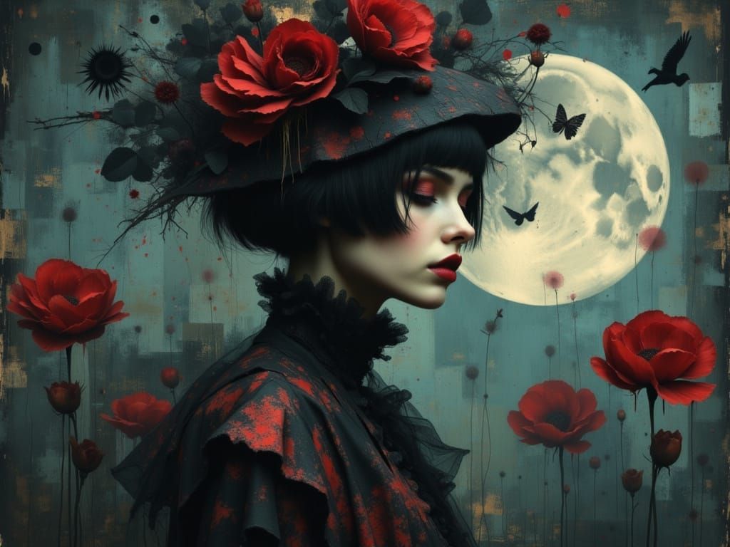 Gothic Woman in Surreal Circus Fashion