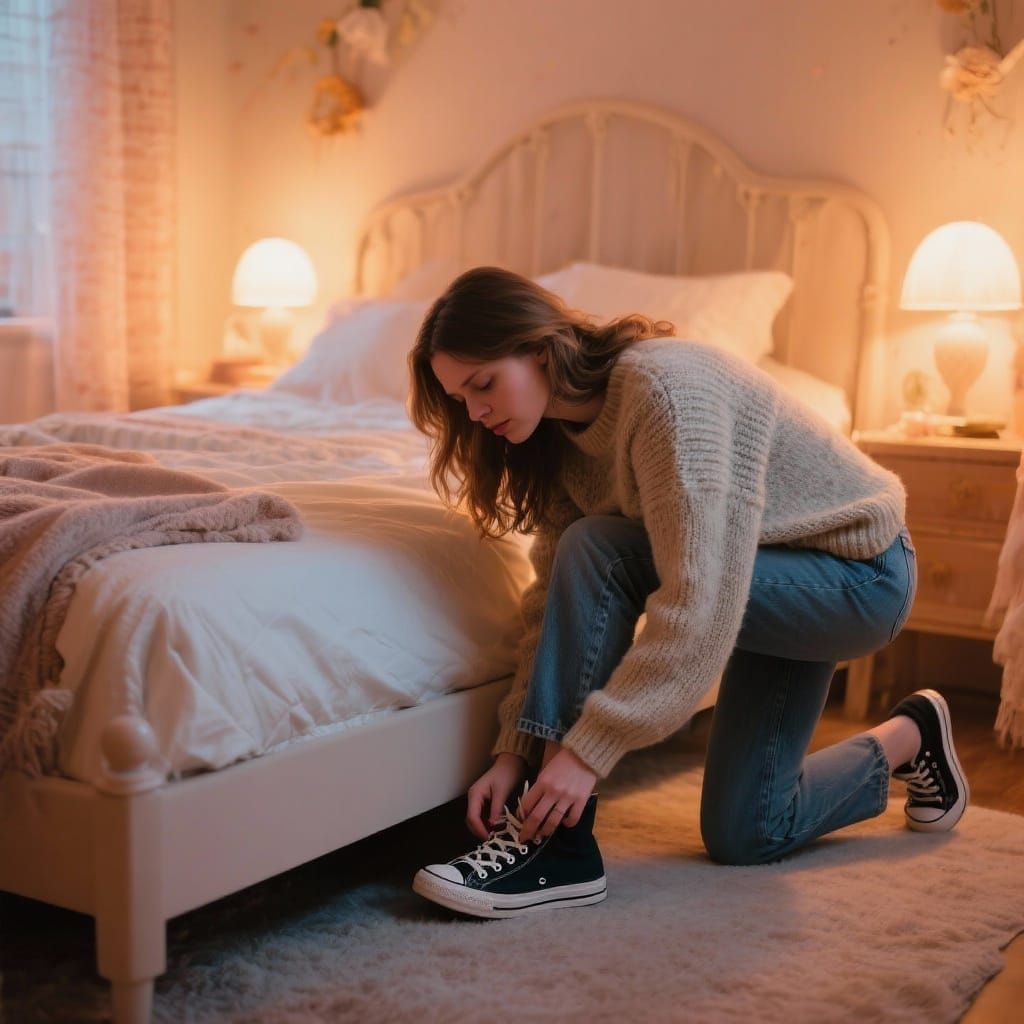 Cozy Bedroom Scene: Woman Tucking Away Sneakers