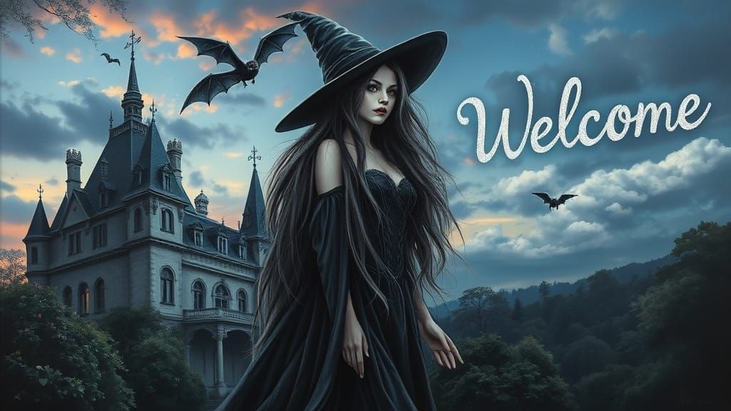 Gothic Witch Flying at Twilight: Expressionist Impasto Paint...