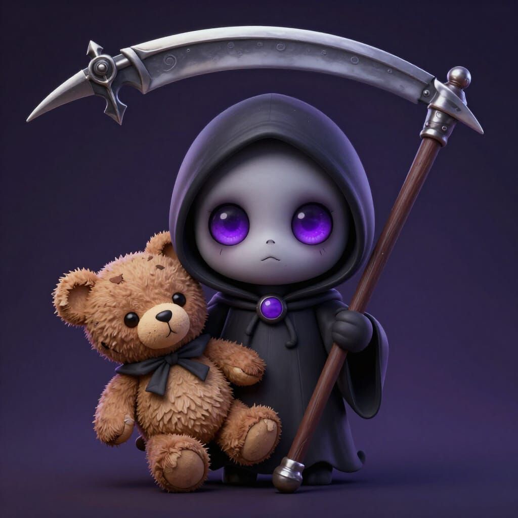 Cute Grim Reaper with Violet Eyes and Teddy Bear