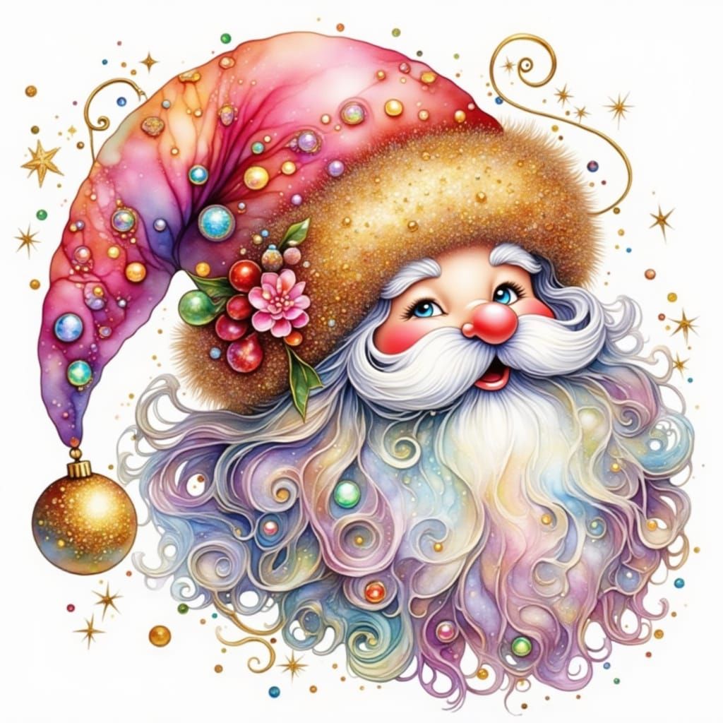 Whimsical Watercolor Santa Claus Head with Glitter and Paste...