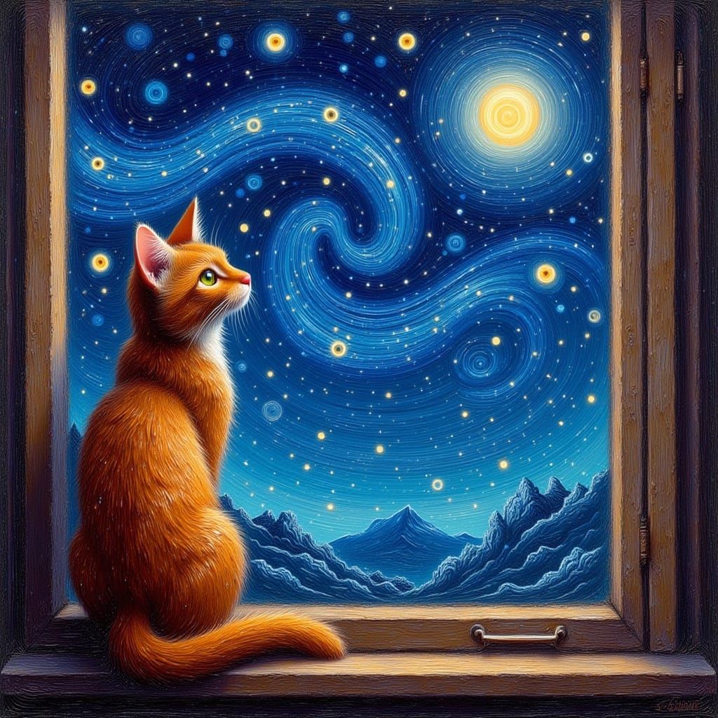 Cat Gazing at Starry Night in Impasto Style