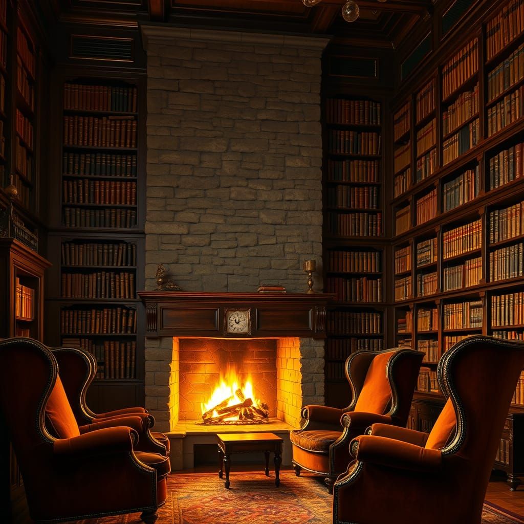 Cozy Library in Warm, Golden Light, Dark Wood Panelling, Pre...