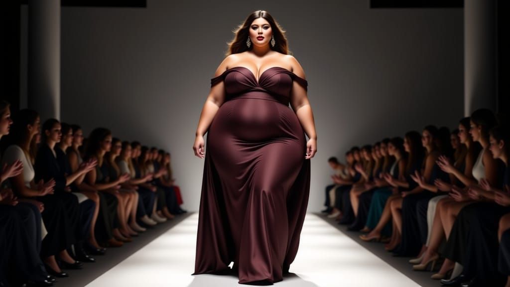 Plus-Size Model Struts in Fitted Gown on Runway