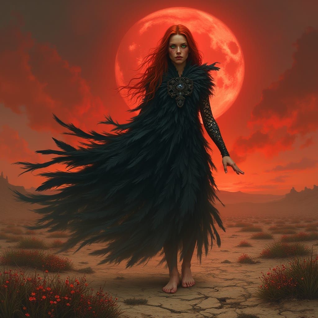 Redhead Walks Scorched Desert Under Red Sky in Fairytale Sty...