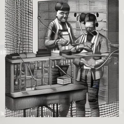 Checkered Workers in Skinner Box: Linocut Style