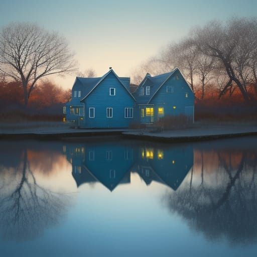 Charming Blue House by Reflecting Pool in Autumn