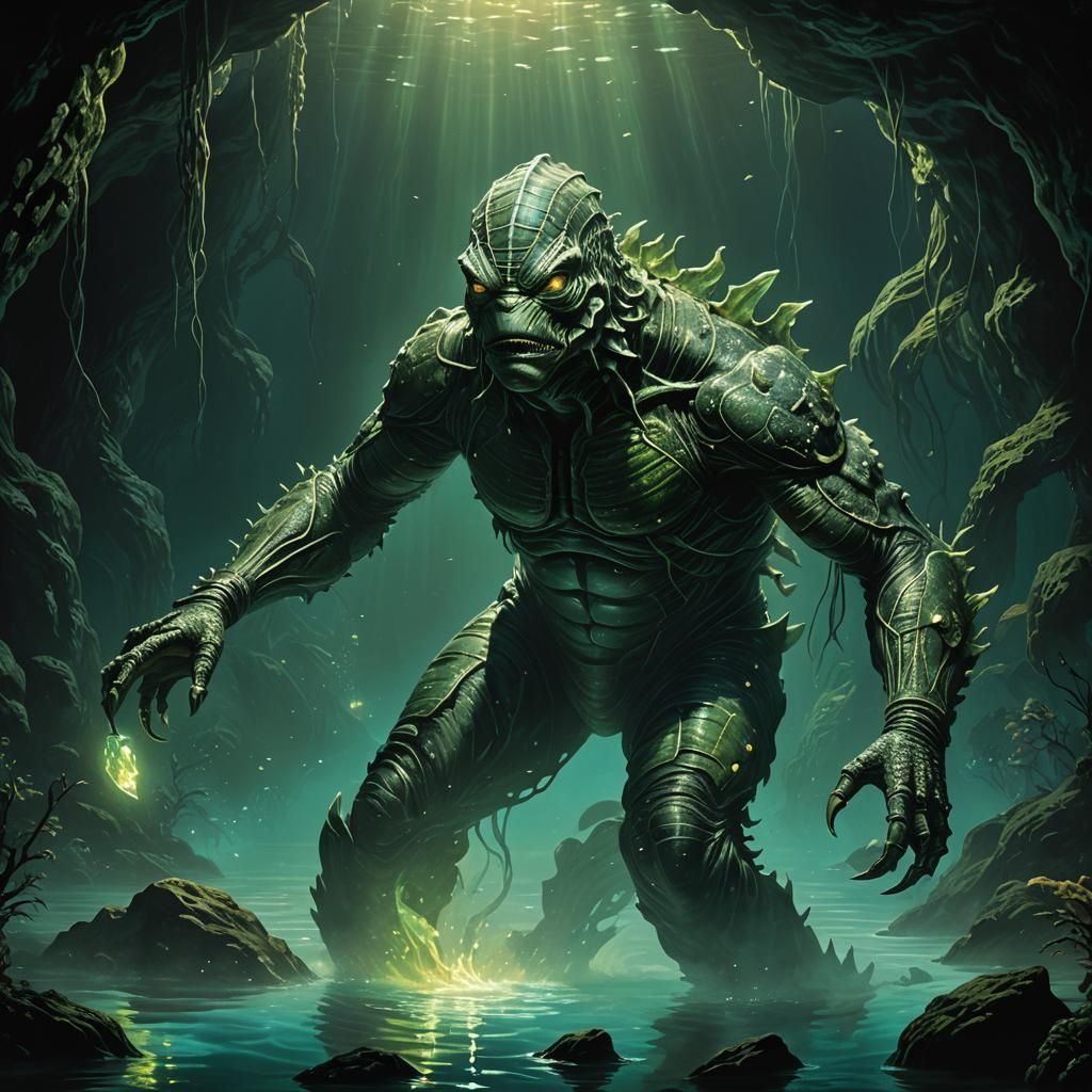 Creature from the Black Lagoon in Bioluminescent Abyss