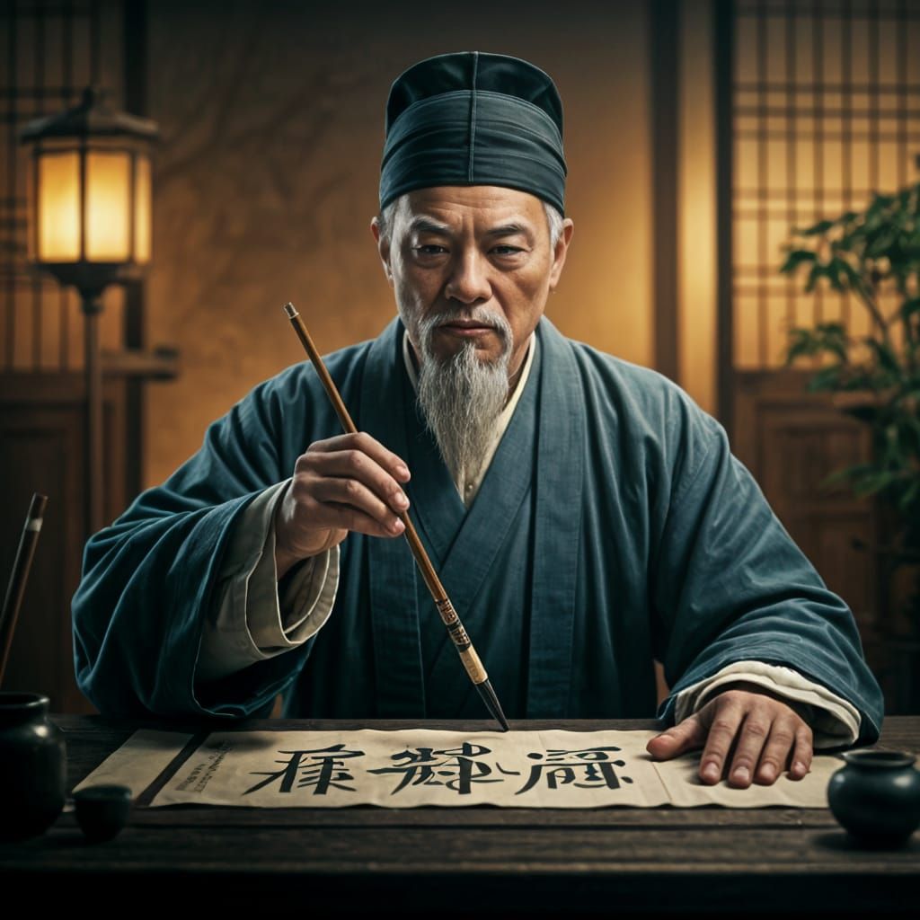 Ming Dynasty Scholar Writing an Ideogram Poem