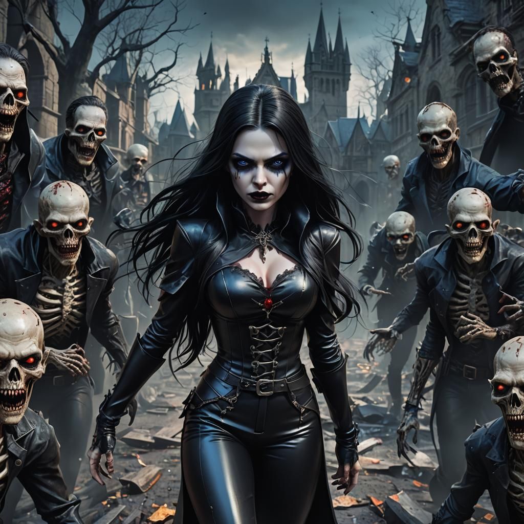 Gothic Vampire Girl with Zombies, Detailed Matte Painting