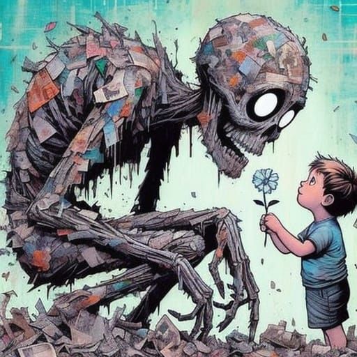 Child Meets Giant Comic Book Zombie Holding Paper Flower