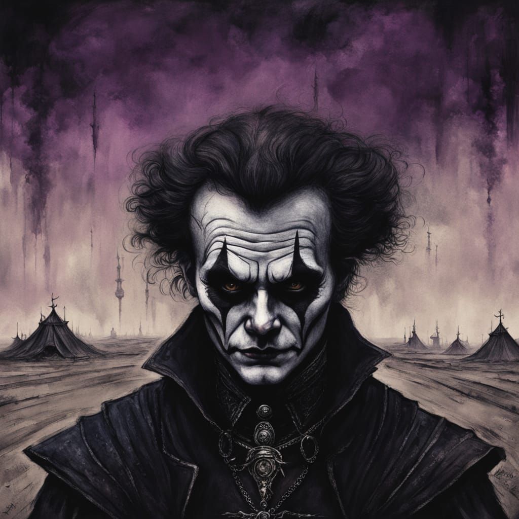 Macabre Harlequin in Post-Apocalyptic Landscape