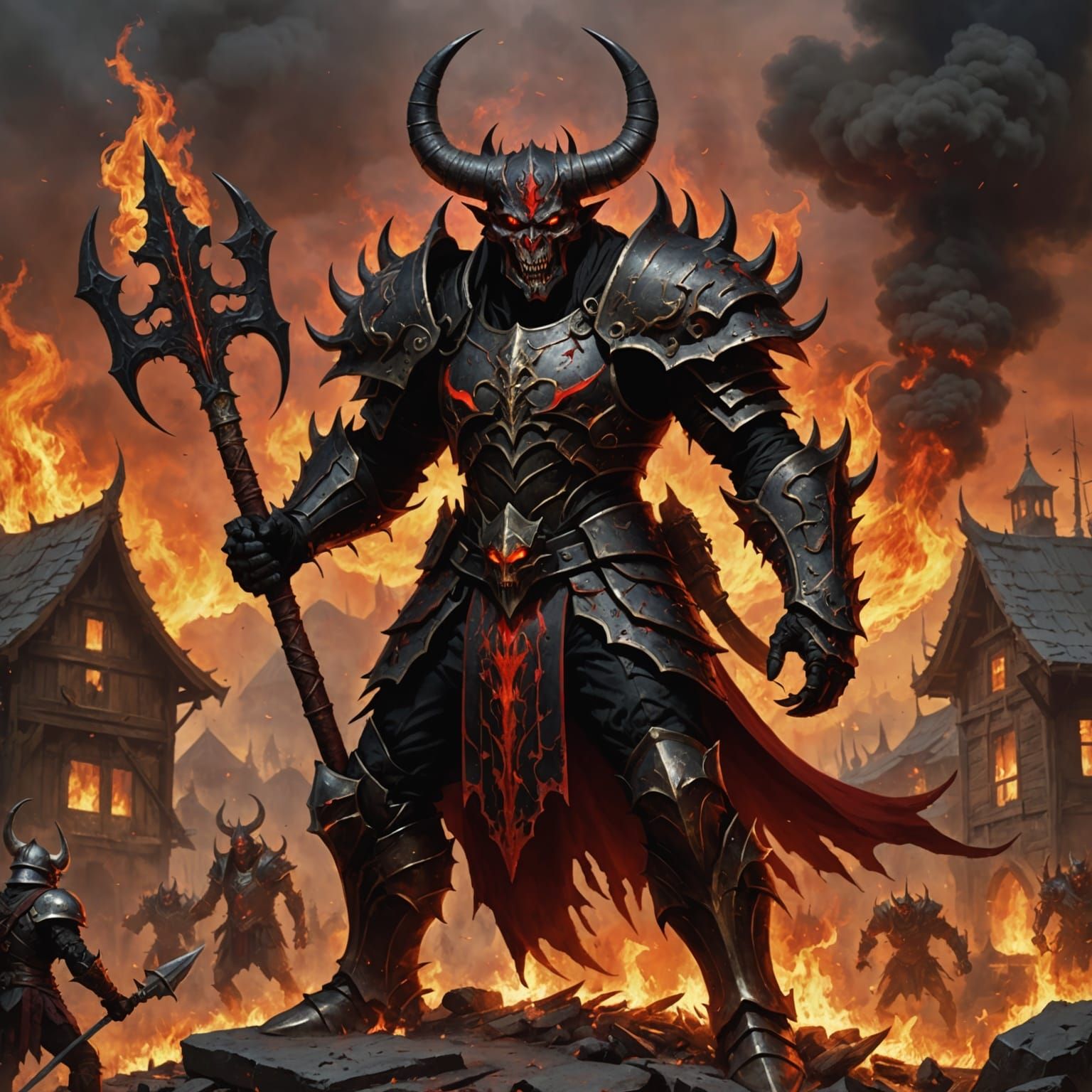 Sinister Demon Warrior in Burning Village