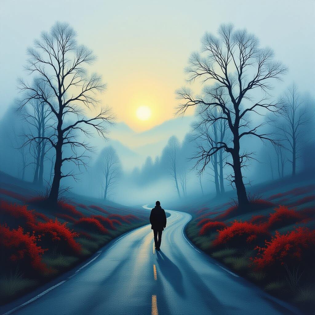 Lone Figure on Winding Road in Surreal Mist