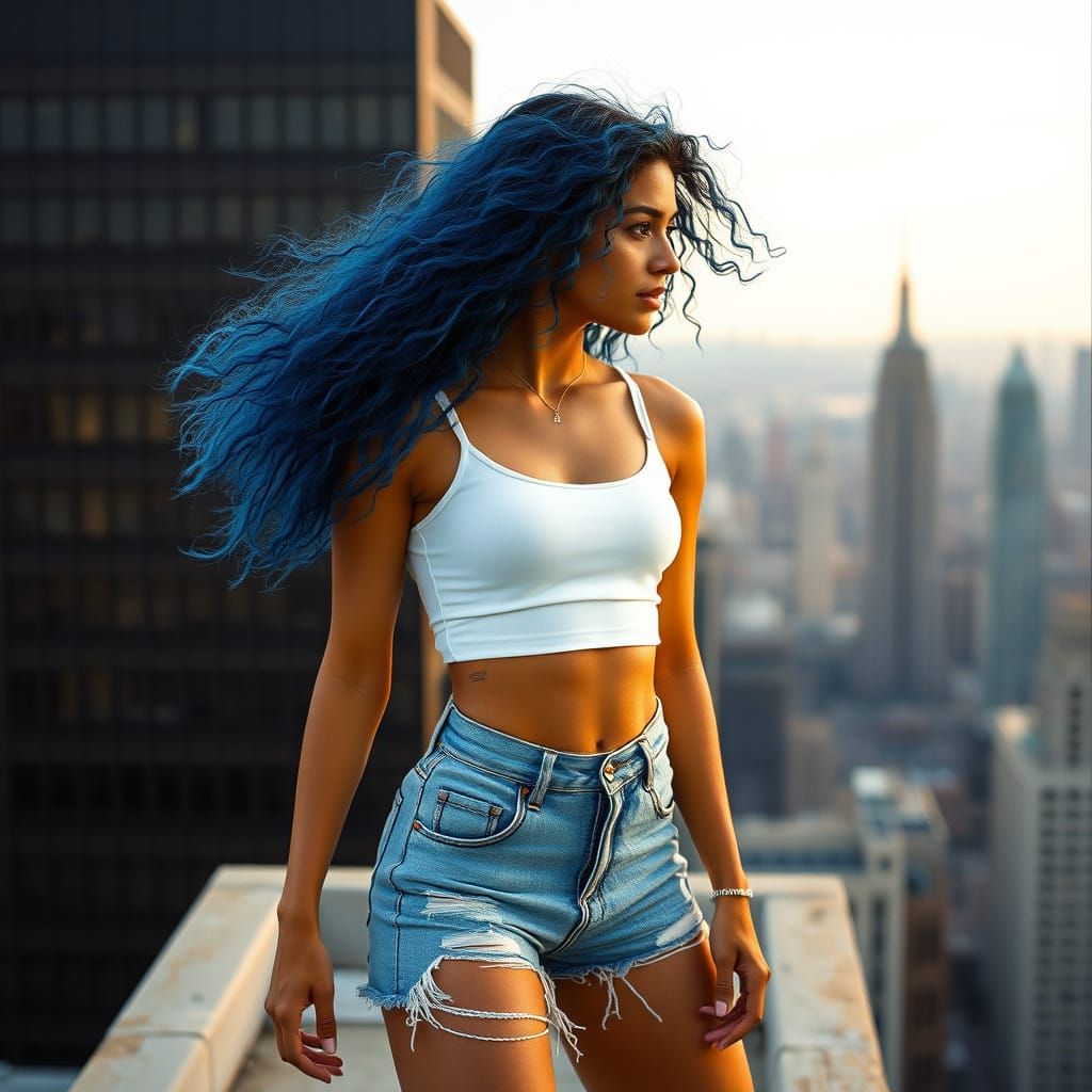 Young Woman on Rooftop, Exuding Epic Quality