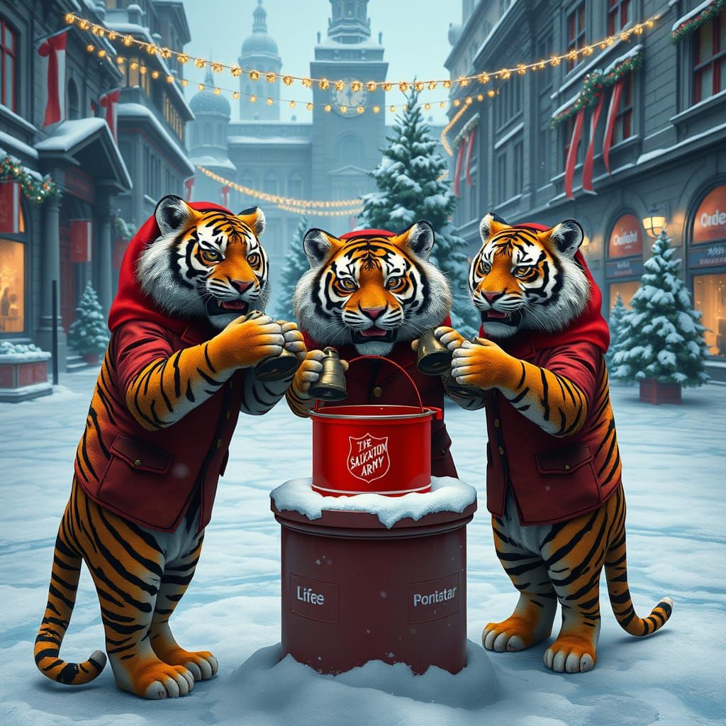 Tigers Ringing Salvation Army Christmas Bells in Vibrant Cit...
