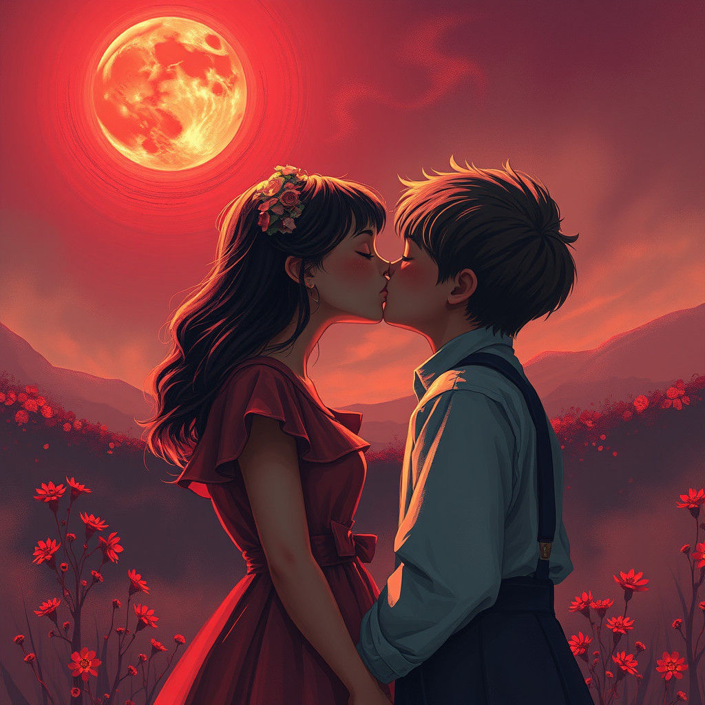 Lovers Kissing Under Crimson Moon, Surreal Art