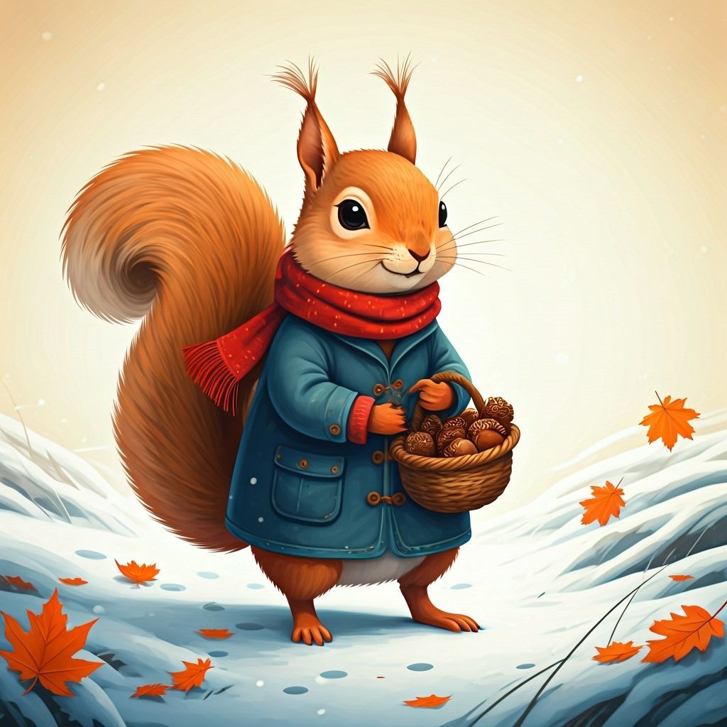 Cute Cartoon Squirrel in Winter Coat with Acorns