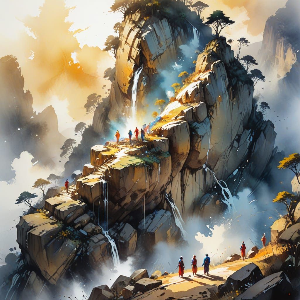 Golden Rock Pilgrims: A Watercolour Painting