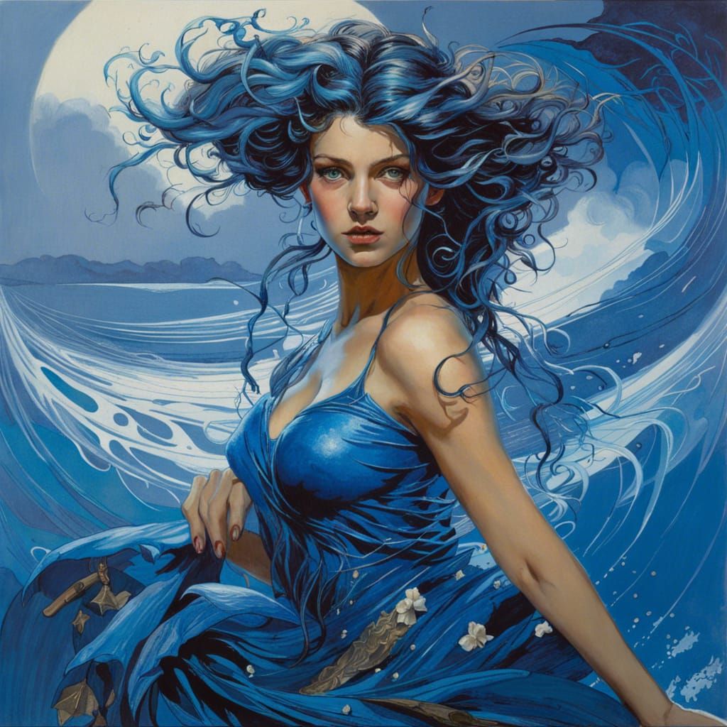 Blue Water Nymph in Windswept, Detailed Style