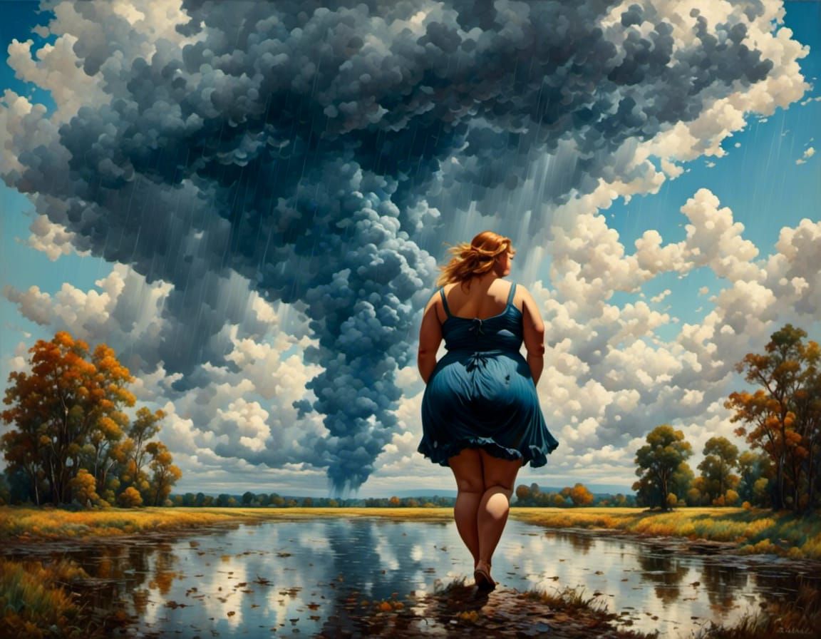 Sad Woman Under Rain Cloud Painting