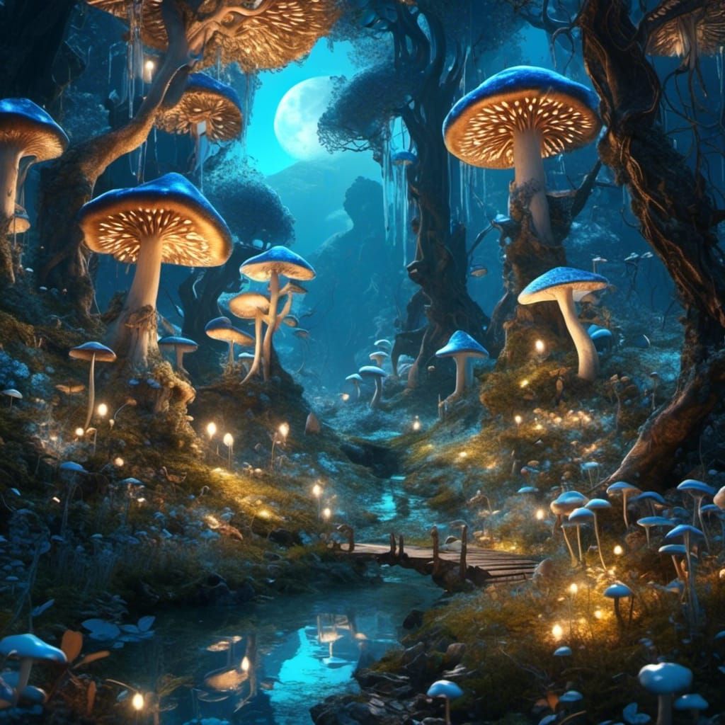 Blue Supermoon Illuminates Mystical Mushroom Forest