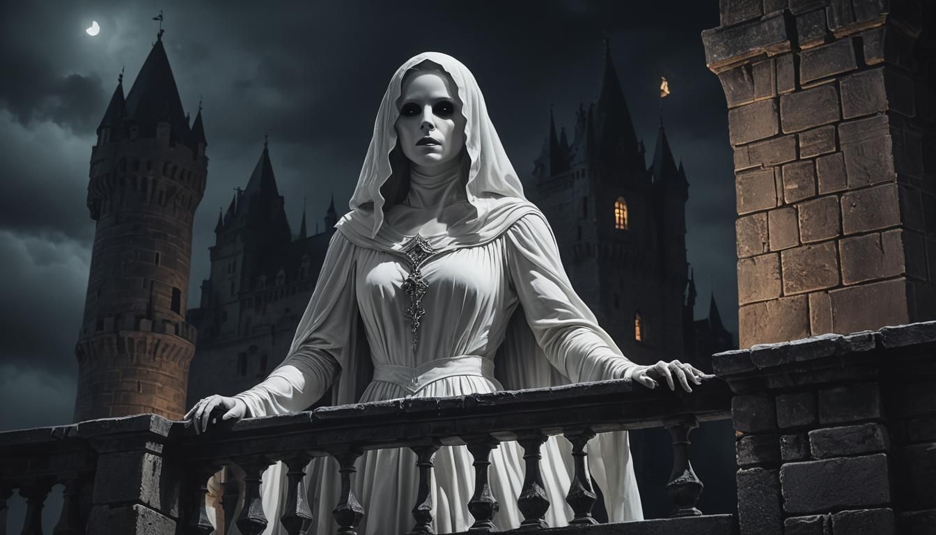 Spectral Ghost on Castle Balcony in Dark Fantasy Style