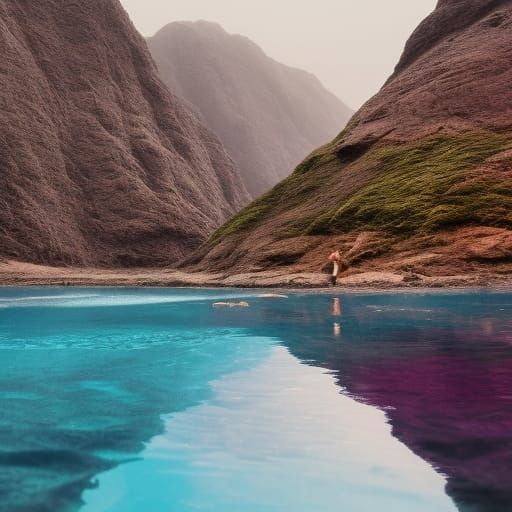 Woman's Struggle in Purple Sea: Detailed Matte Painting