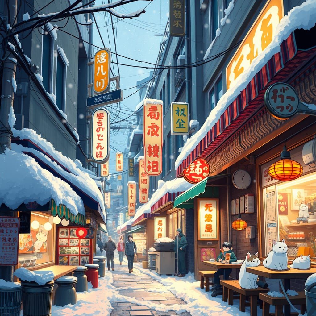 Snowy Golden Gai Ramen Alley in Anime Style