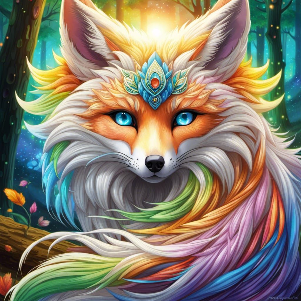 Anime Kitsune Fox Portrait with Rainbow Eyes