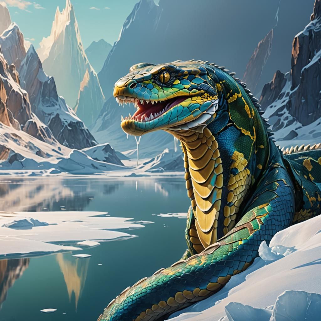 Python Emerges from Frozen Lake in Fantasy Concept Art