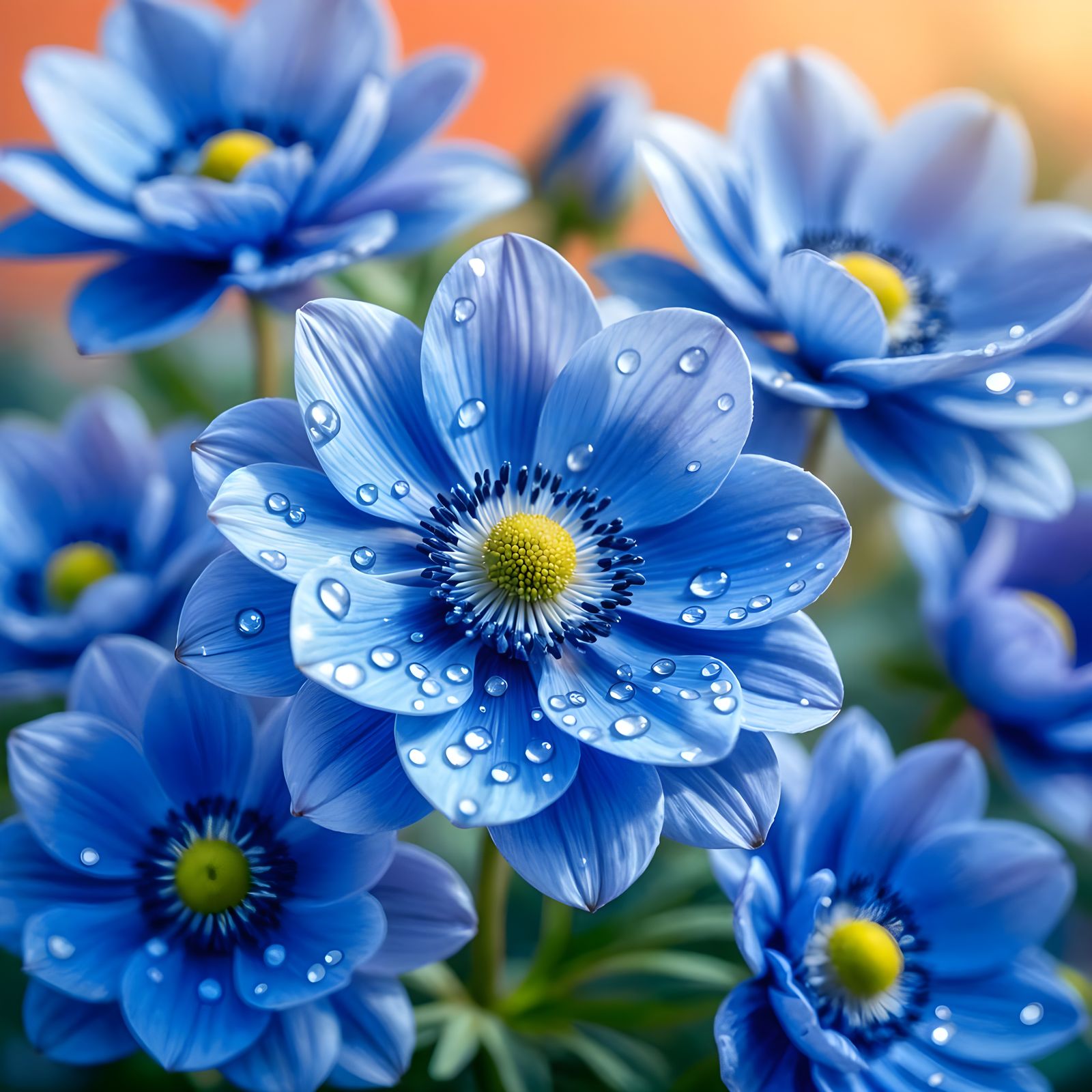 Vivid Blue Anemones with Rainbow Water Droplets