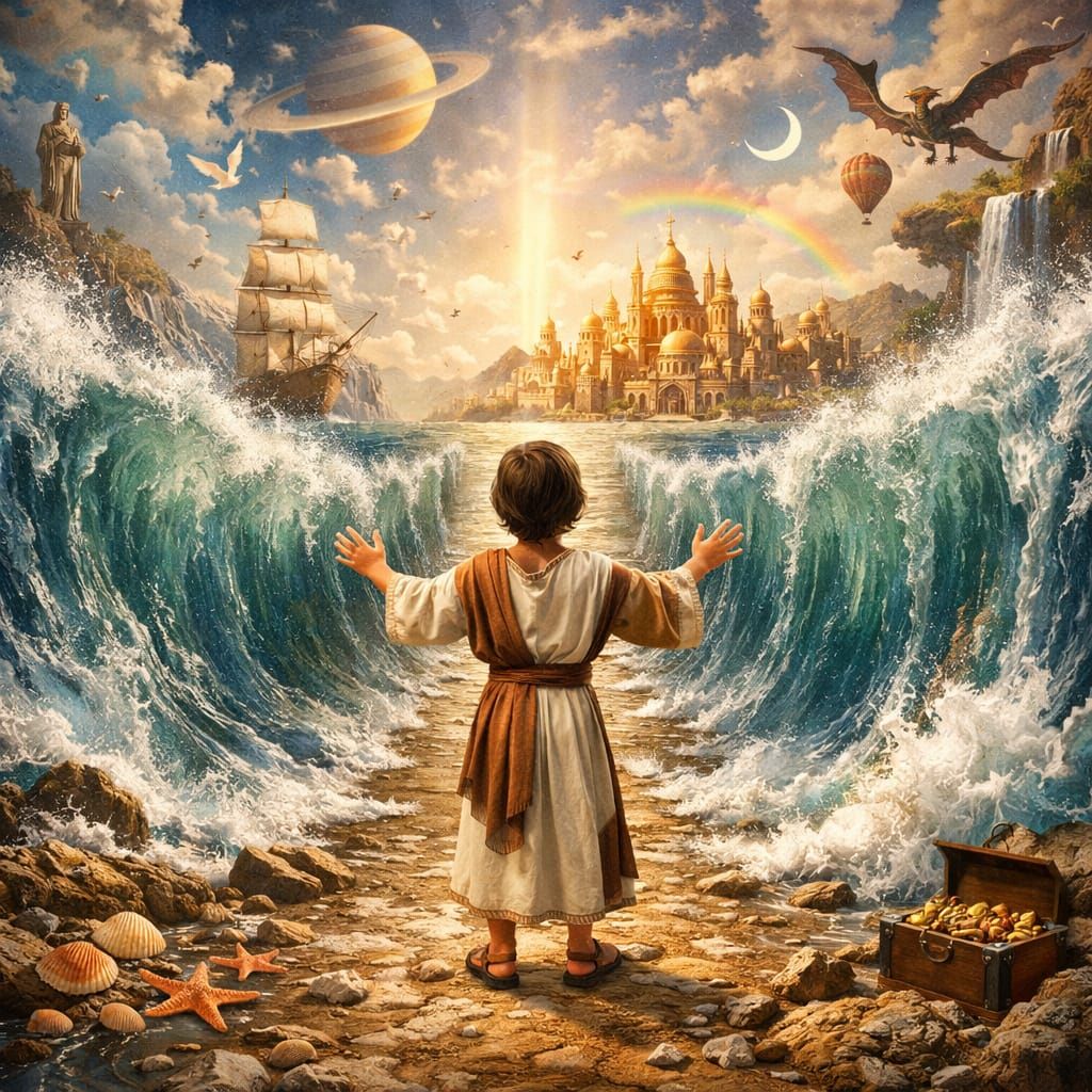 Boy Parts Ocean Waves in Fantastical Collage