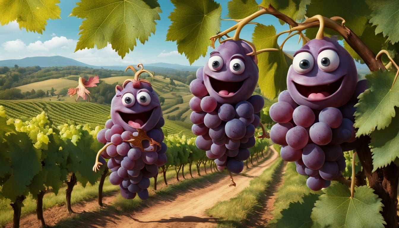 Whimsical Grape Creatures Tend Vines in Enchanted Vineyard S...