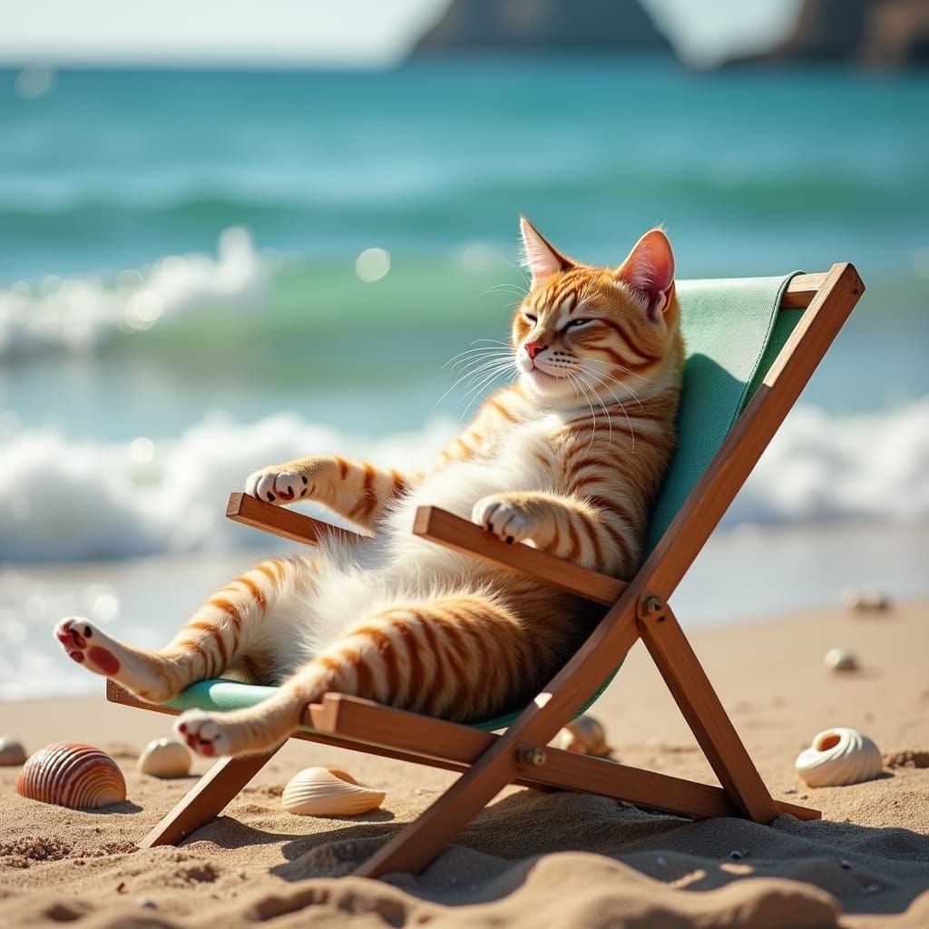 Calico Cat Sunbathing on Beach Chair